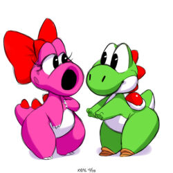 Rule 34 | animal focus, birdo, black eyes, bow, claws, colored skin, dinosaur, green skin, half-closed eyes, mario (series), nintendo, no huamans, pink skin, simple background, smile, source request, spikes, standing, white background, xylas, yoshi