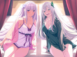 Rule 34 | 2girls, bed, breasts, bright pupils, butterfly hair ornament, closed mouth, colored eyelashes, curtains, echidna (re:zero), emilia (re:zero), green chemise, green jacket, hair ornament, hand on own thigh, jacket, large breasts, looking at viewer, multiple girls, off shoulder, open mouth, pink jacket, pointy ears, purple ribbon, qwel 08, re:zero kara hajimeru isekai seikatsu, ribbon, smile, teeth, thighs, upper teeth only, white chemise, white pupils