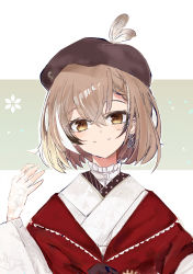 Rule 34 | 1girl, absurdres, bad id, bad pixiv id, beret, braid, braided bangs, brown eyes, brown hair, earrings, feathers, floral print, gloves, hat, highres, hololive, hololive english, japanese clothes, jewelry, kimono, koremade, lace, lace gloves, looking at viewer, multicolored hair, nanashi mumei, nanashi mumei (new year), official alternate costume, print kimono, red shawl, ribbon, shawl, simple background, single earring, smile, solo, streaked hair, virtual youtuber, white kimono