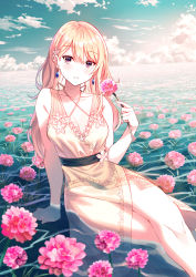 Rule 34 | 1girl, absurdres, bad id, bad pixiv id, blonde hair, breasts, cleavage, cloud, dress, earrings, flower, highres, horizon, jewelry, koh rd, large breasts, open mouth, original, sky, solo, sundress, water, water world