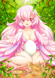 Rule 34 | 1girl, ahoge, artist name, bad id, bad pixiv id, bare shoulders, bird legs, branch, breasts, commentary request, egg, feathered wings, feathers, hair between eyes, harpy, highres, holding, holding egg, long hair, medium breasts, monster girl, natsuring0, open mouth, original, pink eyes, pink feathers, pink hair, pink wings, talons, winged arms, wings