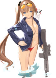 Rule 34 | 1girl, assault rifle, battle rifle, blonde hair, blue eyes, blue jacket, breasts, closed mouth, collarbone, commentary, eyewear on head, fal (girls&#039; frontline), feet out of frame, fn fal, girls&#039; frontline, gun, hand on own hip, holding, holding gun, holding weapon, ingerdoll, jacket, long hair, long sleeves, looking at viewer, medium breasts, navel, no bra, on water, open clothes, open jacket, panties, red panties, rifle, side ponytail, solo, sunglasses, underwear, weapon, white background