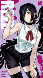 Rule 34 | 1girl, absurdres, black choker, black hair, black shorts, black thighhighs, blush, breasts, chainsaw man, character name, choker, collared shirt, colorized, fingernails, green eyes, grenade pin, hair bun, hair over one eye, hand on own thigh, highres, leaning forward, looking at viewer, purple background, red neckwear, reze (chainsaw man), shirt, shirt tucked in, short hair, shorts, side slit, single hair bun, sleeveless, sleeveless shirt, small breasts, smile, solo, thighhighs, white shirt, yotaro