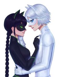 Rule 34 | 1boy, 1girl, adrien agreste, animal ears, bell, black bodysuit, black hair, black mask, blue eyes, bodysuit, braid, cat boy, cat ears, cat girl, chat blanc, closed mouth, gongonsrr, green eyes, highres, jingle bell, lady noir, light smile, long hair, looking at another, looking at viewer, marinette dupain-cheng, mask, miraculous ladybug, simple background, single braid, superhero costume, white background, white bodysuit, white hair, white mask