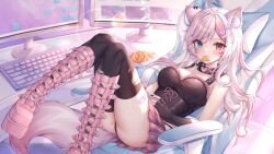 Rule 34 | 1girl, :3, alllisso, animal ears, ass, black panties, black thighhighs, blue eyes, boots, breasts, chair, commission, facial mark, fang, fang out, food, fox ears, fox girl, fox tail, gaming chair, heterochromia, highres, indie virtual youtuber, keyboard (computer), large breasts, looking at viewer, lying, miniskirt, monitor, mouth hold, multicolored hair, nachos, on back, panties, pink footwear, pink hair, pink skirt, red eyes, skirt, smile, swivel chair, tail, thighhighs, torn clothes, torn thighhighs, toulie (vtuber), two-tone hair, underwear, virtual youtuber, whisker markings, white hair
