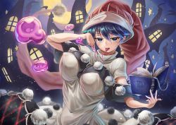Rule 34 | 1girl, arm up, black capelet, blob, blue eyes, blue hair, blush, book, breasts, capelet, closed mouth, commentary request, covered erect nipples, crossed bangs, dark blue hair, doremy sweet, dream soul, dream world (touhou), dress, eyelashes, floating, floating object, hair between eyes, haruno (kuromitugozen), hat, large breasts, long hair, nightcap, pom pom (clothes), red hat, saliva, sexually suggestive, short sleeves, slime (substance), smile, solo, tongue, tongue out, touhou, turtleneck, white dress