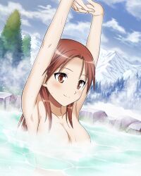 Rule 34 | 1girl, armpits, arms up, artist request, blush, breasts, closed mouth, collarbone, highres, large breasts, long hair, looking at viewer, minna-dietlinde wilcke, mountain, nude, official art, onsen, orange eyes, outdoors, partially submerged, red hair, sky, smile, snow, solo, strike witches, upper body, world witches series