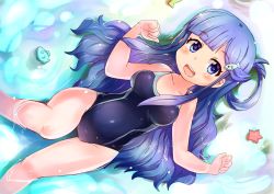 Rule 34 | 10s, 1girl, asari nanami, blue eyes, blue hair, competition swimsuit, fish, fish hair ornament, hair ornament, hayasaka (neoneet), idolmaster, idolmaster cinderella girls, long hair, lying, one-piece swimsuit, solo, starfish, swimsuit, water