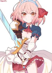 Rule 34 | 1girl, armor, blush, breasts, chieru (princess connect!), cleavage, closed mouth, cosplay, cowboy shot, dot nose, dress, frilled skirt, frills, gloves, hair between eyes, hair ribbon, highres, holding, holding sword, holding weapon, legs apart, looking at viewer, medium breasts, miniskirt, orange eyes, own hands together, pecorine (princess connect!), pecorine (princess connect!) (cosplay), pink hair, pleated skirt, princess connect!, red ribbon, red skirt, ribbon, sazamiso rx, short hair, shoulder armor, shrug (clothing), sidelocks, simple background, skirt, sleeveless, sleeveless dress, smile, solo, star (symbol), star in eye, straight-on, sword, symbol in eye, thighs, tiara, v-shaped eyebrows, weapon, white background, white dress, white gloves