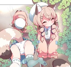 Rule 34 | 1girl, absurdres, animal ears, ass, beret, braid, flat chest, hair ornament, hairclip, hat, highres, komachi panko, panties, phase connect, pink eyes, racoon girl, racoon tail, stuck, sweater, thighhighs, through wall, underwear, upskirt, virtual youtuber, white panties