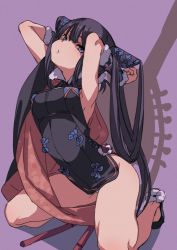 Rule 34 | 1girl, arched back, arms behind head, black hair, blue eyes, blunt bangs, breasts, character request, copyright request, fate (series), fu-ta, fur-trimmed collar, fur trim, hair between eyes, head tilt, high collar, kneeling, long hair, medium breasts, panties, pantyshot, parted lips, purple background, simple background, solo, tagme, underwear, very long hair, yang guifei (fate), yang guifei (second ascension) (fate)