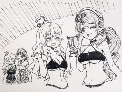 Rule 34 | 4girls, alcohol, bikini, blush, braid, breasts, cleavage, closed eyes, cup, drinking glass, flower, french braid, greyscale, hair flower, hair ornament, hat, headdress, holding, kantai collection, large breasts, littorio (kancolle), long hair, mini hat, monochrome, multiple girls, open mouth, pola (kancolle), ponytail, roma (kancolle), saliva, short hair, swimsuit, traditional media, tsunemi aosa, wine glass, zara (kancolle)