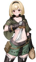 Rule 34 | 1girl, absurdres, alternate costume, black choker, black gloves, black hairband, black thighhighs, blonde hair, blush, breasts, brown eyes, capelet, choker, collarbone, commentary request, cowboy shot, djeeta (granblue fantasy), facing viewer, gloves, granblue fantasy, green capelet, green skirt, hairband, highres, holding, holding knife, knife, looking ahead, medium hair, navel, shiro wa (shiroshironix), simple background, skirt, small breasts, smile, solo, standing, thief (granblue fantasy), thighhighs, white background