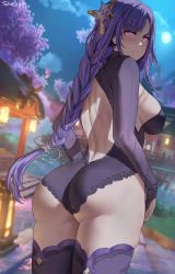 Rule 34 | 1girl, absurdres, ass, backless outfit, black thighhighs, blurry, blurry background, blush, braid, breasts, closed mouth, depth of field, expressionless, from behind, full moon, genshin impact, glowing, glowing eyes, highres, huge ass, large breasts, leotard, long hair, looking at viewer, looking back, low-braided long hair, low-tied long hair, moon, night, night sky, outdoors, pink eyes, raiden shogun, shexyo, sky, solo, thighhighs, very long hair