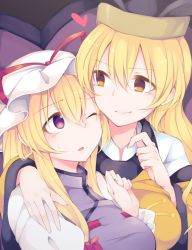 Rule 34 | 2girls, arm around shoulder, black hat, blonde hair, bow, breasts, commentary request, detached sleeves, hair between eyes, hair bow, hand on another&#039;s shoulder, hand up, hat, hat ribbon, heart, highres, juliet sleeves, large breasts, long hair, long sleeves, looking at another, matara okina, mob cap, multiple girls, one eye closed, parted lips, puffy sleeves, red bow, red ribbon, ribbon, sidelocks, smile, sweat, tabard, tama (soon32281), touhou, upper body, white hat, wide sleeves, yakumo yukari, yellow eyes, yuri