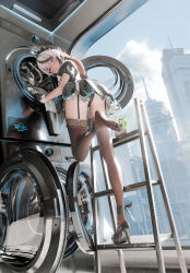 Rule 34 | absurdres, ankle ribbon, black hair, black panties, black thighhighs, blush, building, cherno kegaard, city, cloud, cloudy sky, feet, fine fabric emphasis, from behind, garter straps, high heels, highres, indoors, ladder, laundromat, leg ribbon, long hair, looking back, maid, maid headdress, mr ito, multicolored hair, on ladder, panties, pantyshot, plant, pleated skirt, potted plant, ribbon, shoes, single shoe, skirt, sky, skyscraper, snowbreak: containment zone, soles, thighhighs, toes, underwear, washing machine, wavy mouth, white eyes, white hair, window