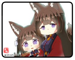 Rule 34 | 2girls, :d, amagi-chan (azur lane), amagi (azur lane), animal ears, azur lane, blunt bangs, brown hair, chibi, commentary request, eyeshadow, fox ears, fox girl, fox tail, hair between eyes, japanese clothes, kimono, kitsune, kyuubi, long hair, long sleeves, looking at viewer, makeup, mother and daughter, multiple girls, multiple tails, name connection, off shoulder, open mouth, purple eyes, rope, shimenawa, sidelocks, simple background, smile, tail, taisa (kari), thick eyebrows, twintails, white background, wide sleeves
