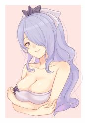 Rule 34 | 1girl, breasts, camilla (fire emblem), cleavage, closed mouth, crossed arms, fire emblem, fire emblem fates, fire emblem heroes, hair ornament, hair over one eye, large breasts, long hair, nintendo, pink background, purple eyes, purple hair, shimizu akina, simple background, smile, solo, upper body