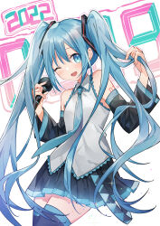Rule 34 | 1girl, 2022, absurdres, blue eyes, blue hair, collared shirt, detached sleeves, hair ornament, hatsune miku, highres, holding, holding microphone, holding own hair, long hair, long sleeves, looking at viewer, microphone, miku day, necktie, one eye closed, open mouth, pleated skirt, shiroraku, shirt, skirt, sleeveless, sleeveless shirt, smile, solo, thighhighs, very long hair, vocaloid