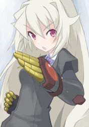 Rule 34 | 1girl, aq interactive, arcana heart, arcana heart 3, artist request, blonde hair, bowtie, examu, gauntlets, long hair, looking at viewer, open mouth, school uniform, shouting, very long hair, weiss, white background