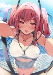 Rule 34 | 1girl, 2020, absurdres, artist name, azur lane, bare shoulders, beach, blush, breasts, bremerton (azur lane), bremerton (scorching-hot training) (azur lane), cleavage, collarbone, commentary request, crop top, day, hair between eyes, hair ornament, hairclip, heart, heart necklace, heavy breathing, highres, jewelry, karory, large breasts, long hair, looking at viewer, mole, mole under eye, multicolored hair, navel, navel piercing, necklace, open mouth, outstretched arms, perspective, piercing, pink eyes, pink hair, pov, reaching, reaching towards viewer, see-through, shirt, sidelocks, signature, skirt, sleeveless, sleeveless shirt, smile, sportswear, standing, streaked hair, sweat, tennis uniform, twintails, two-tone skirt, wet, wet clothes, x hair ornament