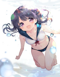Rule 34 | 1girl, absurdres, bare arms, bare legs, bare shoulders, barefoot, black hair, blue sailor collar, breasts, bubble, cameltoe, commentary request, fangs, flower, fukumaru koito, groin, hair flower, hair ornament, highres, idolmaster, idolmaster shiny colors, kosuzume, long hair, looking at viewer, medium breasts, navel, open mouth, purple eyes, sailor bikini, sailor collar, skin fangs, solo, twintails, underwear
