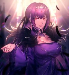 Rule 34 | 1girl, bad id, bad twitter id, breasts, cleavage, commentary request, dress, fate/grand order, fate (series), feathers, fur trim, hair between eyes, hand up, jewelry, large breasts, long hair, looking at viewer, moe (hamhamham), purple dress, purple hair, red eyes, scathach (fate), scathach skadi (fate), smile, solo, sunlight, tiara, wide sleeves, window