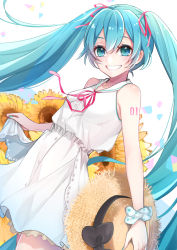 Rule 34 | 1girl, black bow, black ribbon, blue eyes, blue hair, blue nails, bow, cowboy shot, dress, floating hair, grin, hair between eyes, hair ribbon, hat, hat bow, hat ribbon, hatsune miku, highres, holding, holding clothes, holding hat, jewelry, long hair, looking at viewer, mamo (fortune-mm), nail polish, necklace, pink ribbon, ribbon, short dress, sleeveless, sleeveless dress, smile, solo, straw hat, sundress, twintails, unworn hat, unworn headwear, very long hair, vocaloid, white dress, yellow hat