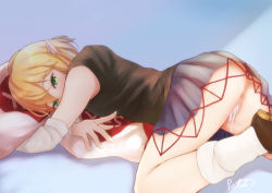 Rule 34 | 1girl, absurdres, black shirt, blonde hair, blouse, blue background, cum, cum in pussy, from side, green eyes, hair between eyes, highres, mizuhashi parsee, no panties, hugging object, pillow, pillow hug, pointy ears, pussy, shirt, simple background, skirt, socks, solo, thighs, touhou, uncensored, white socks, withpote
