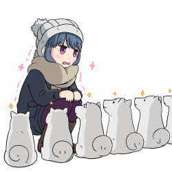 Rule 34 | 1girl, beanie, blue coat, blue hair, blush, brown scarf, closed mouth, coat, commentary request, denden, dog, hands on own knees, hat, long sleeves, looking at another, motion lines, multiple dogs, pantyhose, parody, purple eyes, purple pantyhose, scarf, shima rin, sitting, smile, sparkle, squatting, too many, too many dogs, trembling, v-shaped eyebrows, white background, yurucamp