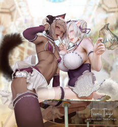 Rule 34 | 2girls, against glass, albino, animal ears, apron, arm garter, ass, ass press, bikini, black vs white, blurry, blurry background, blush, breasts, bridal garter, cat ears, cat tail, choker, cleavage, dark-skinned female, dark skin, detached sleeves, food, frilled choker, frills, glass table, gloves, grey hair, huge breasts, interracial, jug (bottle), large breasts, looking at viewer, maid, multiple girls, open mouth, original, petite, popsicle, purple eyes, realistic, red eyes, short hair, sitting, small breasts, standing, swimsuit, table, tail, teemu taiga, thighhighs, tongue, tongue out, veins, veiny breasts, waist apron, watermark, web address, white gloves, white hair, yuri