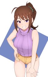 Rule 34 | 1girl, ahoge, bare arms, bare shoulders, blue background, blunt bangs, breasts, brown hair, buttons, commentary request, cowboy shot, denim, denim shorts, green scrunchie, grin, hair ornament, hair scrunchie, hand on own hip, hand on own thigh, highres, idolmaster, idolmaster million live!, leaning forward, light blush, looking at viewer, medium breasts, medium hair, minakamirin, ponytail, purple eyes, purple sweater, rectangle, ribbed sweater, scrunchie, short shorts, shorts, sidelocks, sleeveless, sleeveless sweater, smile, solo, standing, sweater, thighs, turtleneck, turtleneck sweater, two-tone background, white background, yellow shorts, yokoyama nao