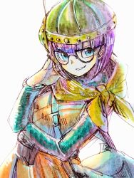 Rule 34 | 1girl, absurdres, bag, blue eyes, chrono trigger, glasses, helmet, highres, looking at viewer, lucca ashtear, miyama (lacrima01), purple hair, scarf, short hair, shoulder bag, simple background, smile, solo, white background