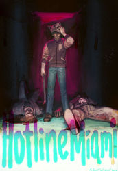 Rule 34 | 10s, 1boy, 2013, artist name, baseball bat, blood, blood on clothes, blood stain, bodies, copyright name, corpse, crowbar, death, denim, hallway, holding, holding crowbar, hotline miami, jacket, jacket (hotline miami), jeans, lifting mask, lying, mask, mask lift, noodlehead, on back, pants, standing, steel pipe