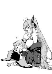 Rule 34 | 2girls, ahoge, bare shoulders, blunt bangs, breasts, camisole, closed eyes, closed mouth, detached sleeves, double bun, dragon girl, dragon horns, drooling, fang, from side, full body, greyscale, hair bun, hair ornament, hair ribbon, highres, hololive, horns, jacket, juliet sleeves, kiryu coco, kiryu coco (loungewear), large breasts, long hair, long sleeves, looking at another, looking down, lying on lap, monochrome, multiple girls, not nodu, off shoulder, official alternate costume, open mouth, pointy ears, puffy sleeves, ribbon, sidelocks, simple background, sitting, skin fang, skull hair ornament, sleeping, sleeping on person, smile, toy, track jacket, twintails, uruha rushia, very long hair, virtual youtuber, white background, wide sleeves