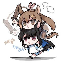 Rule 34 | 2girls, ahoge, animal ears, black hair, brown eyes, brown hair, carrying, chibi, clipe, feather hair, gym uniform, hololive, hololive english, horns, horse ears, horse tail, long hair, mole, mole under eye, multiple girls, nanashi mumei, nerissa ravencroft, o3o, ponytail, red eyes, shoulder carry, sword, tail, virtual youtuber, weapon