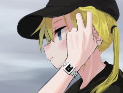 Rule 34 | 1girl, absurdres, baseball cap, black hat, blonde hair, blue eyes, closed mouth, from side, gishiki (gshk), grey background, hand up, hat, highres, kill me baby, long hair, profile, simple background, solo, sonya (kill me baby), twintails, upper body, watch, wristwatch