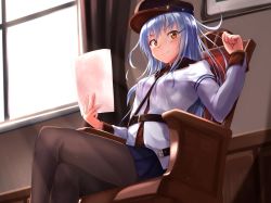 Rule 34 | 1girl, akabane hibame, alternate hair color, armchair, belt, black pantyhose, black skirt, breasts, brown pantyhose, chair, closed mouth, facial scar, flat cap, gangut (kancolle), hat, holding, holding paper, indoors, jacket, kantai collection, long hair, long sleeves, looking at viewer, medium breasts, military, military jacket, military uniform, miniskirt, pantyhose, paper, peaked cap, red eyes, red shirt, scar, scar on cheek, scar on face, shirt, silver hair, sitting, skirt, smile, solo, twitter username, uniform, very long hair, white jacket, window