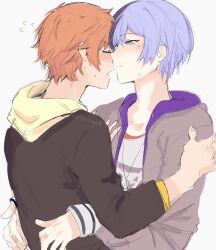 Rule 34 | 2boys, adair (juicelooped), aoyagi touya, blue hair, blush, closed eyes, closed mouth, commentary, dark blue hair, english commentary, facing another, grey background, grey eyes, hand on another&#039;s arm, hand on another&#039;s chest, highres, hood, hood down, hooded jacket, jacket, jewelry, long sleeves, looking at another, male focus, mole, mole under eye, multicolored hair, multiple boys, necklace, open clothes, open jacket, open mouth, orange hair, project sekai, shinonome akito, short hair, simple background, sleeves past elbows, two-tone hair, upper body, yaoi