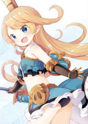 Rule 34 | 10s, 1girl, :d, ass, blonde hair, blue eyes, blush, breasts, charlotta (granblue fantasy), crown, gauntlets, granblue fantasy, harvin, harvin, long hair, looking at viewer, muku (muku-coffee), open mouth, pointy ears, small breasts, smile, solo, sword, very long hair, weapon