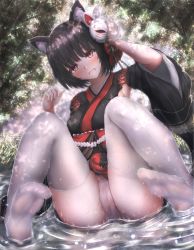 Rule 34 | 1girl, :d, absent, absurdres, animal ears, azur lane, black hair, blush, cameltoe, fang, highres, huge filesize, mask, mask on head, open mouth, panties, pantyshot, short hair, smile, solo, tail, thighhighs, underwear, water, wet, wet clothes, wet panties, white thighhighs, yamashiro (azur lane)