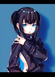 Rule 34 | 1girl, arm at side, black hair, blue background, blue eyes, blue nails, ear piercing, earrings, eyeshadow, hand on own shoulder, highres, jacket, jewelry, letterboxed, light particles, lipstick, long sleeves, looking at viewer, makeup, multiple earrings, nail polish, okeno kamoku, original, parted lips, piercing, ring, short hair, sideless outfit, sidelocks, signature, solo, tattoo, turtleneck, two side up, unzipped, upper body, zipper