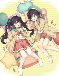 Rule 34 | 1boy, 1girl, black hair, blue eyes, cardigan, hat, highres, long hair, looking at another, lying, matching outfits, multicolored background, original, pillow, red eyes, rii (pixiv11152329), short hair, siblings, socks, thighhighs, twins, twintails, wavy hair, white background, yellow background