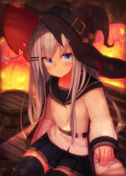 Rule 34 | 1girl, bad id, bad pixiv id, barrel, black thighhighs, blue eyes, blush, gloves, hair ornament, hairclip, halloween, hat, hibiki (kancolle), highres, jack-o&#039;-lantern, jewelry, kantai collection, long hair, long sleeves, out of frame, pleated skirt, pumpkin, reitou mikan, ring, sailor collar, school uniform, serafuku, silver hair, sitting, skirt, smile, thighhighs, torn clothes, torn hat, verniy (kancolle), wedding band, white gloves, witch hat