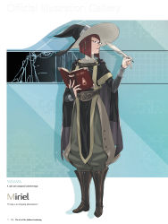 Rule 34 | 1girl, absurdres, book, boots, cape, character name, fingernails, fire emblem, fire emblem awakening, full body, glasses, hat, highres, holding, holding book, knee boots, kozaki yuusuke, left-handed, long sleeves, miriel (fire emblem), nintendo, official art, open book, page number, pants, parted lips, pelvic curtain, quill, red hair, short hair, simple background, solo, standing, turtleneck, wizard hat