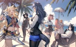 Rule 34 | 1boy, 6+girls, animal ears, antlers, archetto (arknights), archetto (publicity strategy) (arknights), arknights, ascot, bagpipe (arknights), bagpipe (queen no. 1) (arknights), beach, black bracelet, black gloves, black hair, black hairband, black jacket, black pants, black pantyhose, black skirt, black vest, blue bow, blue eyes, blue gloves, blue shirt, blue shorts, blue skirt, blue sky, bow, bow skirt, bowtie, brown hair, cat ears, cat girl, cat tail, closed eyes, cloud, cloudy sky, crop top, day, deer antlers, deer boy, dog ears, dog girl, dragon girl, dragon horns, dress, ebenholz (arknights), facial mark, fingerless gloves, floppy ears, food, forehead mark, frilled skirt, frills, garter straps, gloves, goldenglow (arknights), hair bow, hairband, hand on own hip, hat, heterochromia, high-waist skirt, highres, hip vent, holding, holding food, holding umbrella, horns, infection monitor (arknights), jacket, lightning bolt print, long hair, long sleeves, looking at viewer, midriff, multiple girls, navel, no jacket, ocean, open mouth, orange eyes, orange hair, outdoors, palm tree, pants, pantyhose, pantyhose under shorts, pink hair, pocky, pouch, print hairband, red bow, red bowtie, red eyes, saga (arknights), saga (there they be) (arknights), saileach (appreciate fragrance) (arknights), saileach (arknights), sand, shirt, shirt tucked in, shorts, skirt, sky, tail, teeth, texas (arknights), texas the omertosa (arknights), thigh pouch, thighhighs, tree, two-tone skirt, umbrella, upper teeth only, very long hair, vest, water, wedding dress, welt (kinsei koutenkyoku), white ascot, white bow, white dress, white gloves, white shirt, white thighhighs, wolf ears, wolf girl, wolf tail, yellow skirt