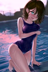 Rule 34 | 1girl, arm under breasts, barefoot, blue eyes, blue one-piece swimsuit, blush, breast lift, breasts, brown hair, competition swimsuit, evening, hair between eyes, hyuu (sing-dog), looking at viewer, medium breasts, medium hair, nose blush, one-piece swimsuit, open mouth, original, outdoors, pool, poolside, solo, swimsuit, taut clothes, taut swimsuit, water, wet