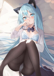 Rule 34 | 1girl, :o, animal ear fluff, animal ears, bed sheet, black skirt, blue bra, blue eyes, blue hair, blue nails, blush, bow, bra, breasts, brown pantyhose, cat ears, cat girl, cat tail, collared shirt, commentary request, dress shirt, fang, feet out of frame, front-hook bra, grey bow, hair between eyes, hand up, knees together feet apart, knees up, long sleeves, looking at viewer, lying, medium breasts, nail polish, on back, open bra, open clothes, open shirt, original, panties, panties under pantyhose, pantyhose, parted lips, plaid, plaid bow, pleated skirt, saeki sora, shirt, skirt, unworn skirt, solo, tail, thighband pantyhose, underwear, white panties, white shirt
