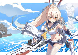 Rule 34 | 1girl, absurdres, ascot, ayanami (azur lane), ayanami (retrofit) (azur lane), azur lane, bandaid, bandaid on arm, blonde hair, blue sailor collar, blue skirt, breasts, collarbone, commentary request, detached sleeves, hair between eyes, highres, holding, holding sword, holding weapon, long hair, long sleeves, marimo daifuku, midriff, miniskirt, navel, parted lips, pleated skirt, ponytail, red eyes, rigging, sailor collar, sailor shirt, shirt, skirt, sleeveless, sleeveless shirt, small breasts, solo, sword, thighhighs, very long hair, weapon, white shirt, white thighhighs, yellow ascot