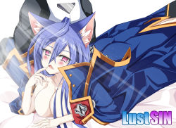 Rule 34 | 1boy, 1girl, aftersex, ahoge, animal ears, arc system works, back, bed, blazblue, blue hair, blush, breasts, cape, cat, cat ears, cleavage, coat, cosplay, crossover, eien no kurayami, fang, iris heart, japanese clothes, jin kisaragi (cosplay), kami jigen game neptune v, kisaragi jin, large breasts, light, light particles, looking at viewer, military, military uniform, morning, muscular, naked coat, naughty face, neptune (series), no nipples, pururut, red eyes, solo focus, spandex, sunlight, symbol-shaped pupils, uniform